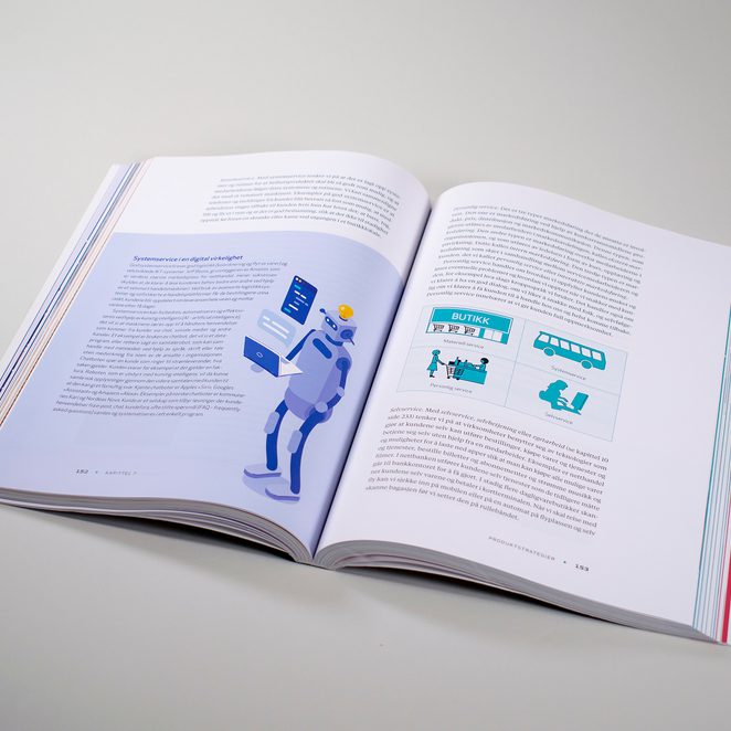 Bildet viser et oppslag en av bok med tekst. På 2/3 av siden å venstre side, er det en lilla bakgrunn på teksten, med en illustrasjon av en robot. På høyre side er det en illustrasjon av en buss, butikk og mennesker