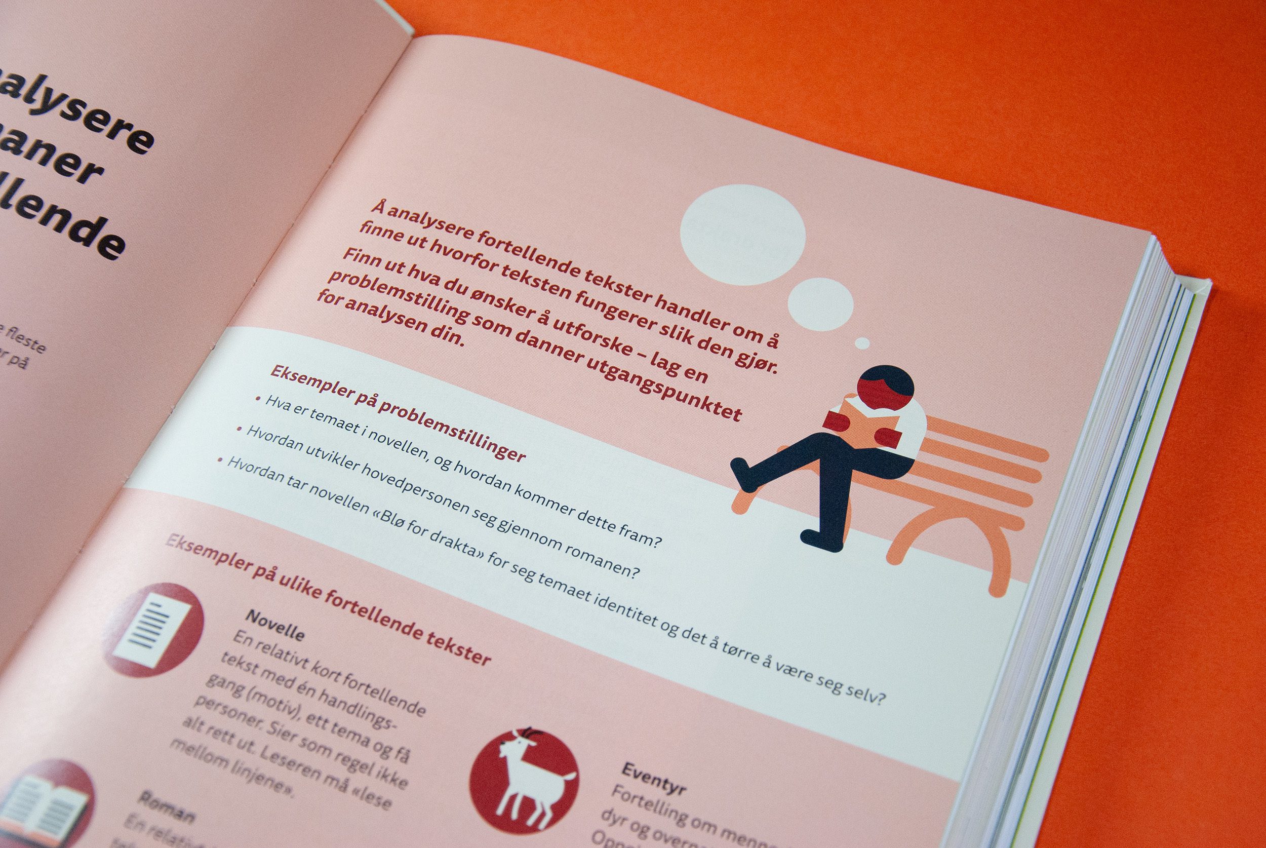 Bildet viser en illustrasjon av en person som sitter på en benk. Bakgrunnsfargen er rosa.