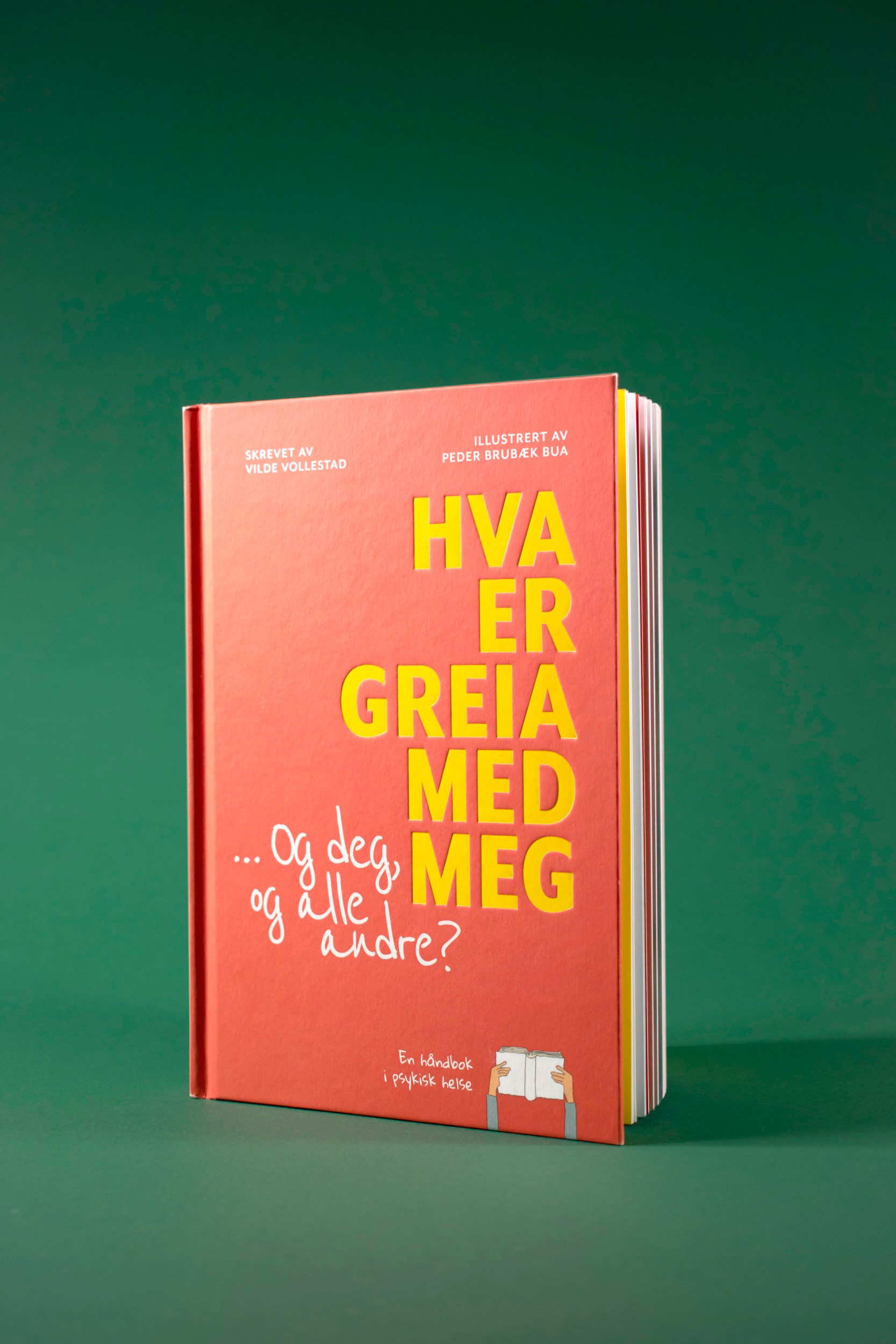 Bildet viser omslaget til boken stående. Tittelen er stor og satt i gul på en rødoransje bakgrunn. Undertittelen er satt i en håndskrift. Nederst i høyre hjørnet ser man armene til en person som holder opp en bok.