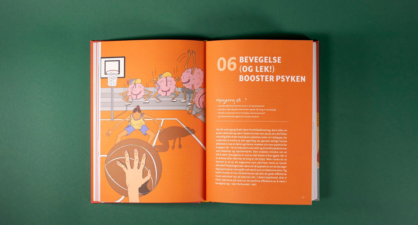 Bildet viser et kapitteloppslag i boken «Hva er greia med meg». Dette kapittelet heter «Kapittel 6: Bevegelse (og lek!) booster psyken». Kapitteloppslaget er oransje og har en illustrasjon på venstre side av mennesker som spiller basketball, og noen hjerner med armer og ben som heier i bakgrunnen.