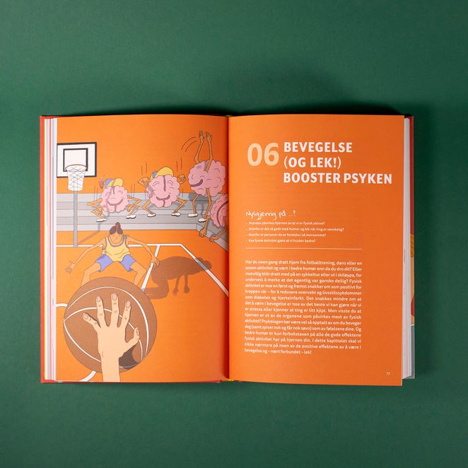 Bildet viser et kapitteloppslag i boken «Hva er greia med meg». Dette kapittelet heter «Kapittel 6: Bevegelse (og lek!) booster psyken». Kapitteloppslaget er oransje og har en illustrasjon på venstre side av mennesker som spiller basketball, og noen hjerner med armer og ben som heier i bakgrunnen.