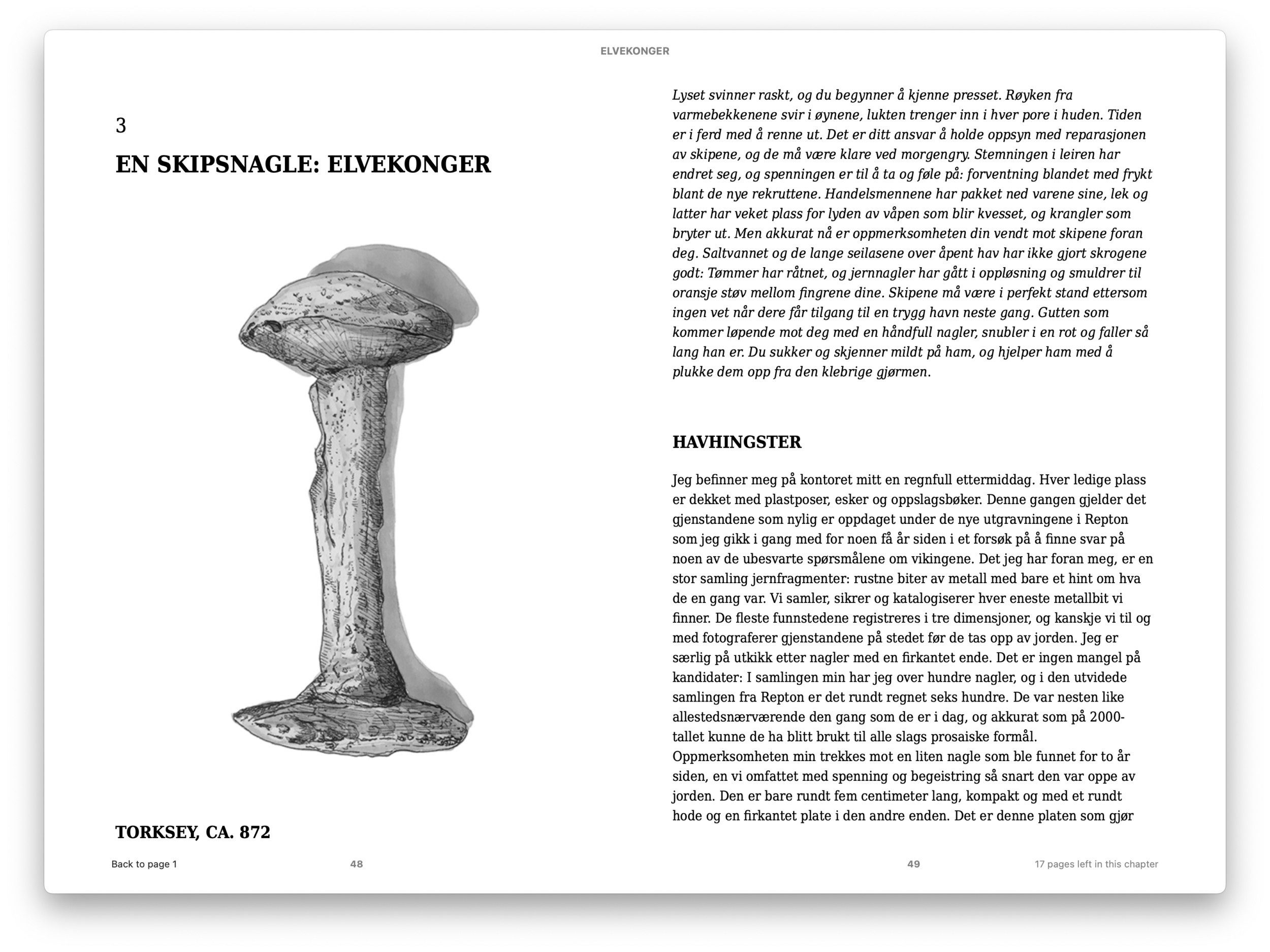 Bildet viser et oppslag av Elvekonger i en e-bok-leser. Oppslaget viser en kapitteltittel og en tekstside med tekst og tittel. På kapittelsiden er det et bildet av en skipsnagle.
