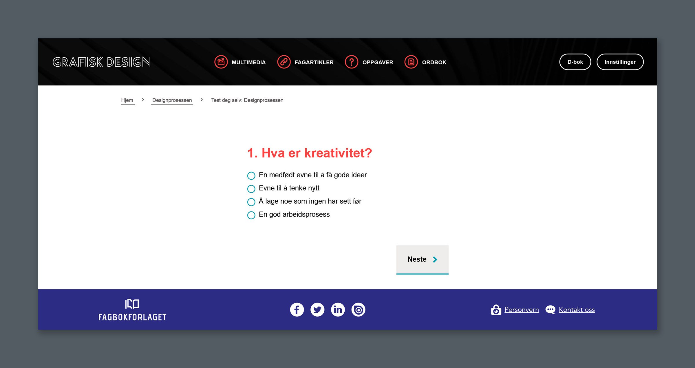 Skjermdumpen viser hvordan en oppgave ser ut i nettressursen. Spørsmålet "Hva er kreativitet?" er skrevet i rødt, med ulike svaralternativer under som kan hukes av før man går videre til neste oppgave.