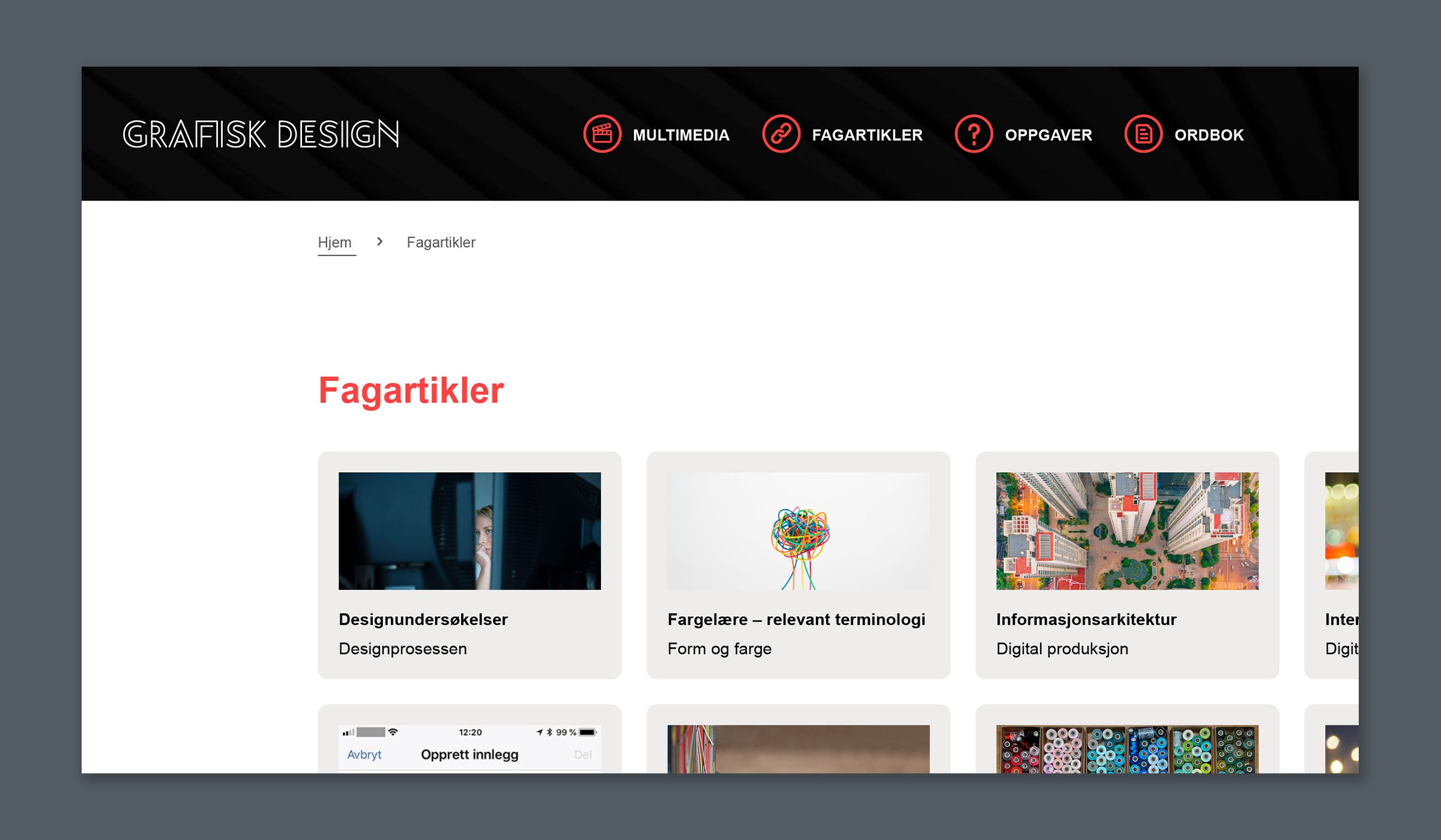 Bildet viser en skjermdump fra nettressursen av fagartiklene. Hver artikkel er presentert i et rutenett med tittel og bilde som tilhører de forskjellige artiklene.